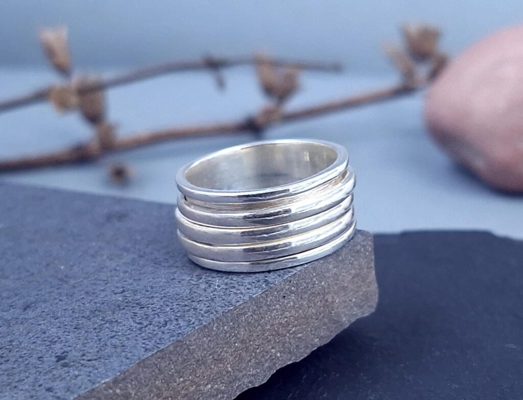 Unisex Glatter Spinner Ring mit drei Drehbändern, 925 Silber
