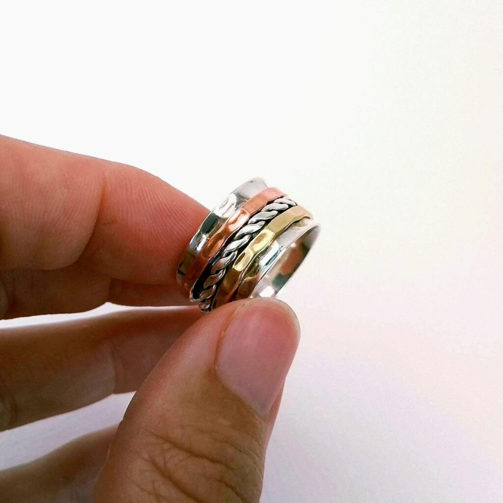 Extra breiter Tricolor Spinner Ring aus 925 Silber, Messing und Kupfer