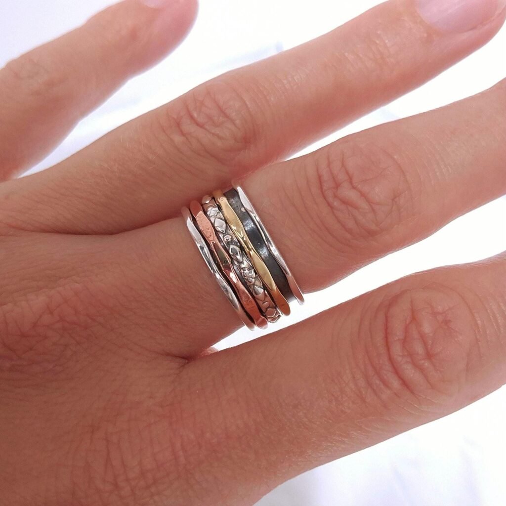 Tricolor Spinner Ring mit drei Drehbändern aus 925 Silber, Messing und Kupfer
