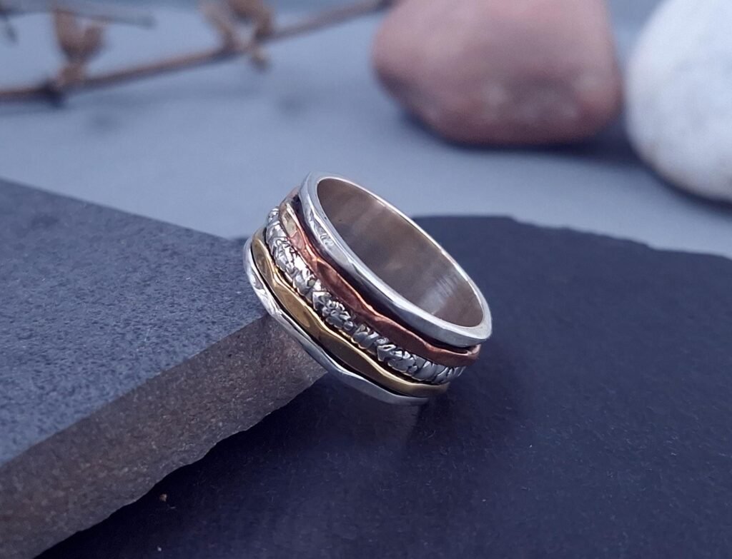 Unisex - Tricolor Spinner Ring aus 925 Silber, Messing und Kupfer