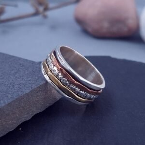 Unisex - Tricolor Spinner Ring aus 925 Silber, Messing und Kupfer