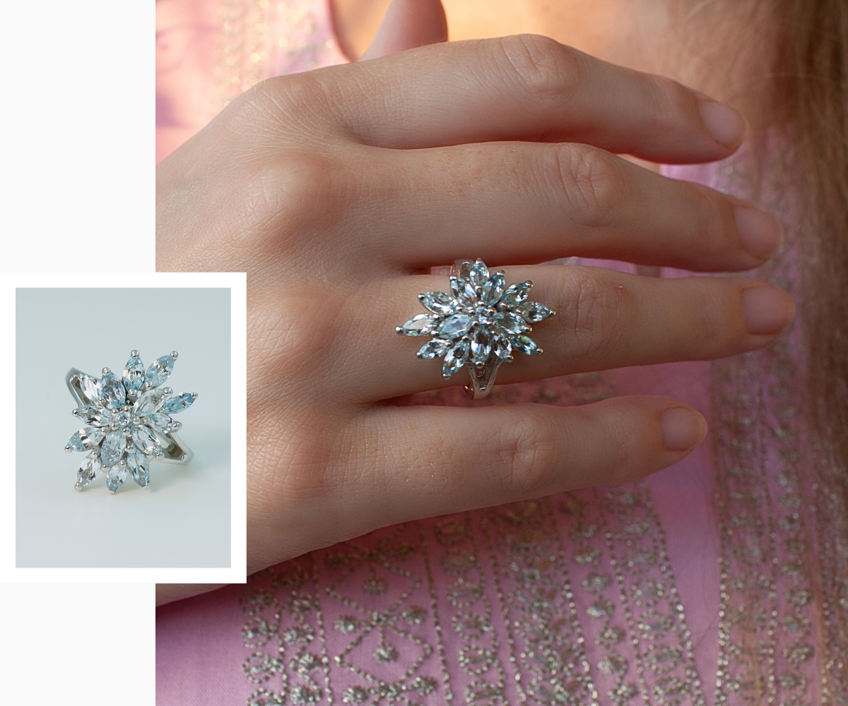 2 Bilder eines schönen Designerrings mit Blüte bestehend aus vielen facettiert geschliffenen Aquamarin Steinen. Das größere Bild zeigt ein Model, die den Ring am Ringfinger trägt. Das zweite Bild zweigt den Ring als Detailaufnahme vor weißem Hintergrund.