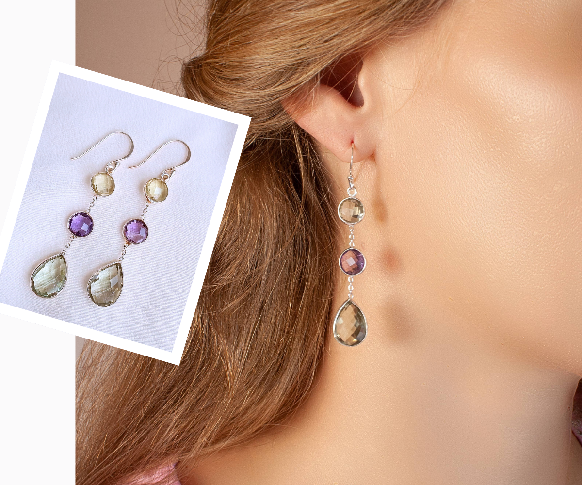 Amethyst und grüner Amethyst Ohrring Compilation. Zusammenstellung von 2 Bildern die einen langen Dangle-Ohrring aus 925 Sterlingsilber zeigen. 1 kleineres Bild der Ohrringe auf weißem Hintergrund überlappt das größere Bild der Ohrringe von einem Model getragen.