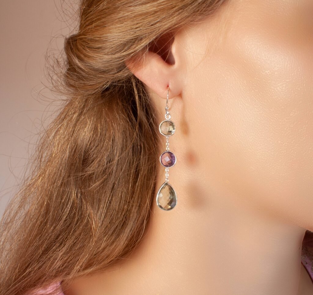 Lange Prasiolith & Amethyst Ohrringe mit feiner Kette, 925 Silber
