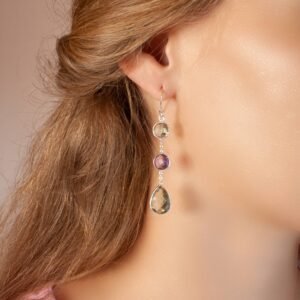 Lange Prasiolith & Amethyst Ohrringe mit feiner Kette, 925 Silber